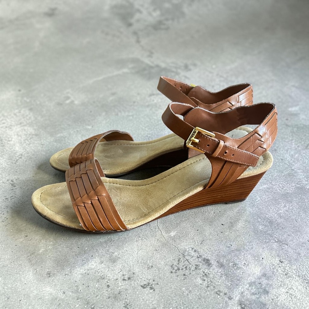Lauren Ralph Lauren Latrice Tan Brown Leather Woven Wedge Sandals Size 8 B